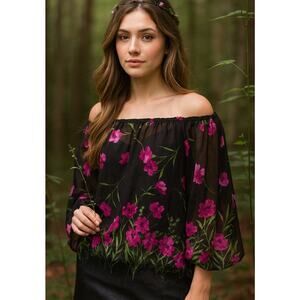Dennis Basso Dark Fairy Floral Cold Shoulder Blouse M Black Whimsigoth Romantic